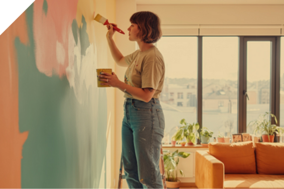 Frau streicht ihre Wohnzimmerwand