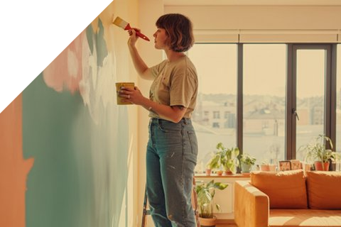 Frau streicht ihre Wohnzimmerwand